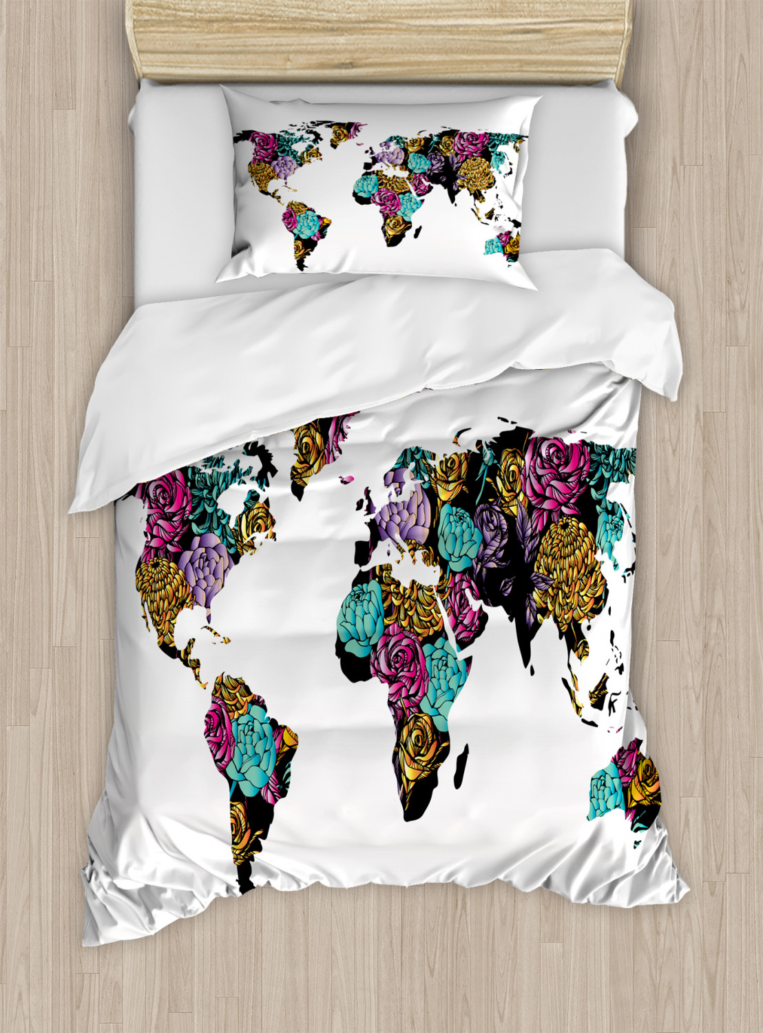 Earth Twin Size Duvet Cover Set, World Map with Elegance Rose Flowered ...