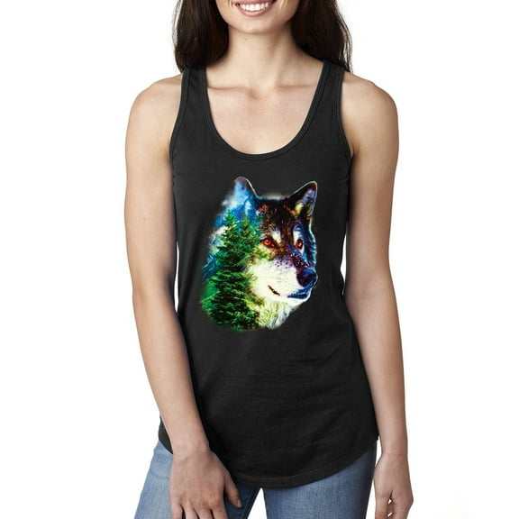 Earth Wolf Trees Mountains Nature Animal Lover Ladies Racerback Tank Top, Black, Small