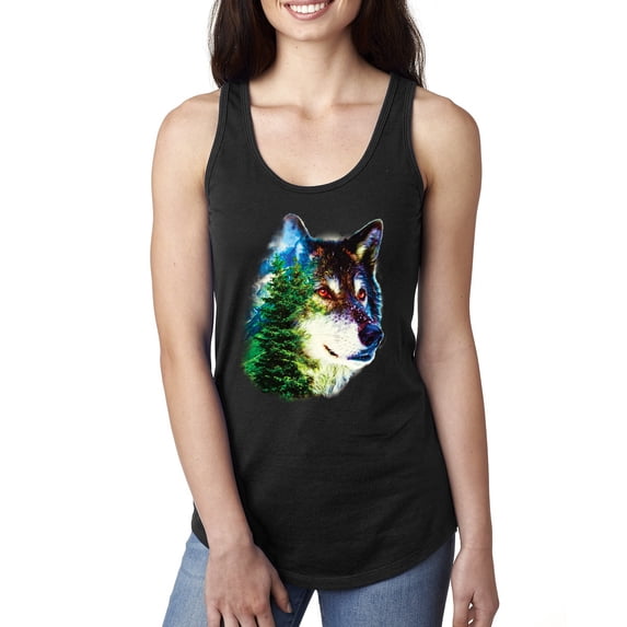 Earth Wolf Trees Mountains Nature Animal Lover Ladies Racerback Tank Top, Black, Small