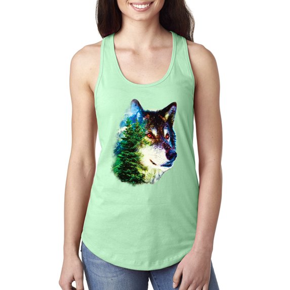 Earth Wolf Trees Mountains Nature Animal Lover Ladies Racerback Tank Top, Mint, Large