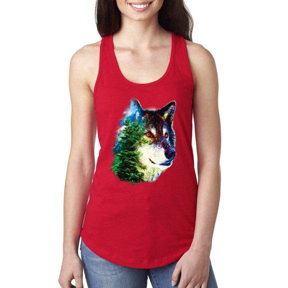 Earth Wolf Trees Mountains Nature Animal Lover Ladies Racerback Tank Top, Red, Medium