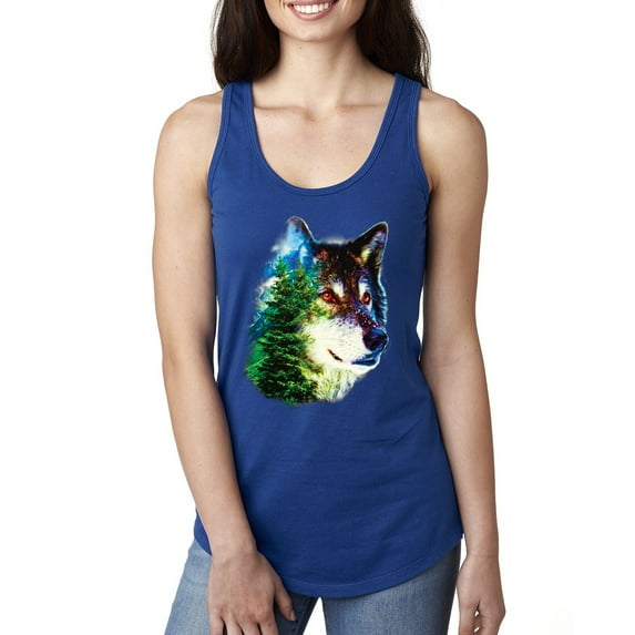 Earth Wolf Trees Mountains Nature Animal Lover Ladies Racerback Tank Top, Royal, Large