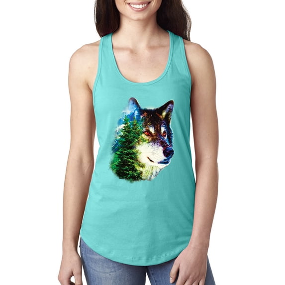 Earth Wolf Trees Mountains Nature Animal Lover Ladies Racerback Tank Top, Tahiti Blue, Large