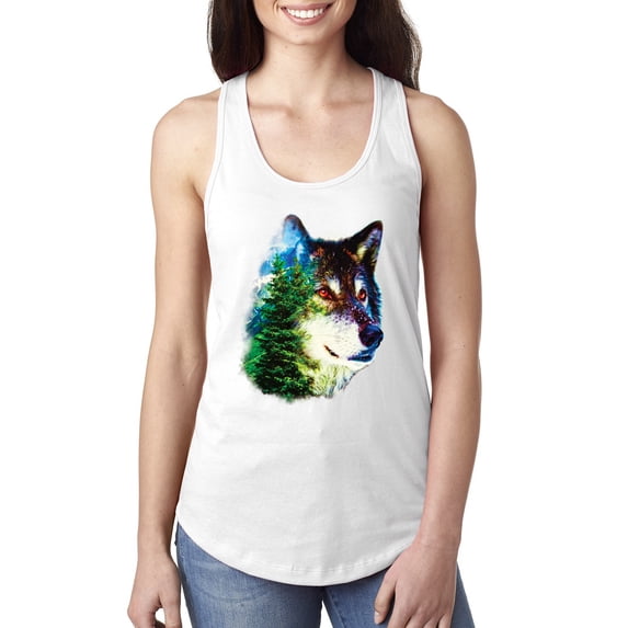 Earth Wolf Trees Mountains Nature Animal Lover Ladies Racerback Tank Top, White, Medium