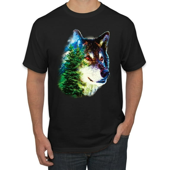 Earth Wolf Trees Mountains Nature Animal Lover Men's Graphic T-Shirt, Black, Medium