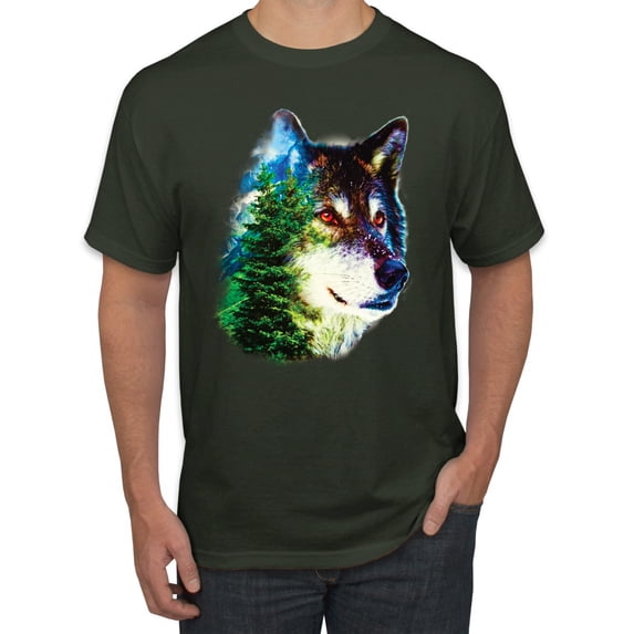 Earth Wolf Trees Mountains Nature Animal Lover Men's Graphic T-Shirt, Forest Green, X-Large