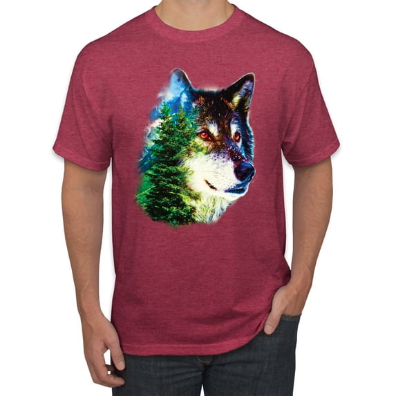 Earth Wolf Trees Mountains Nature Animal Lover Men's Graphic T-Shirt, Vintage Heather Red, 2XL
