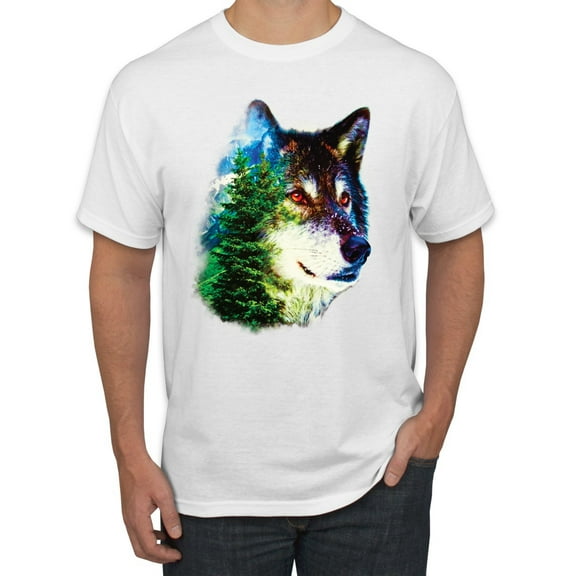 Earth Wolf Trees Mountains Nature Animal Lover Men's Graphic T-Shirt, White, Large