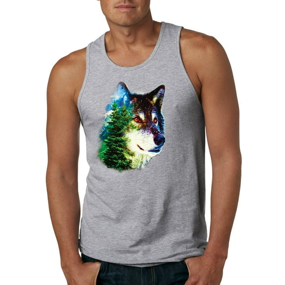 Earth Wolf Trees Mountains Nature Animal Lover Mens Graphic Tank Top, Heather Grey, Large