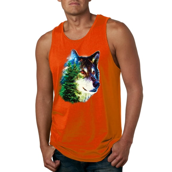 Earth Wolf Trees Mountains Nature Animal Lover Mens Graphic Tank Top, Orange, Medium