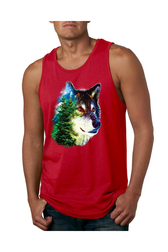 Earth Wolf Trees Mountains Nature Animal Lover Mens Graphic Tank Top, Red, Large