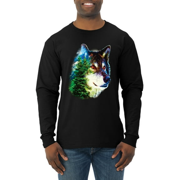 Earth Wolf Trees Mountains Nature Animal Lover Mens Long Sleeve Shirt, Black, X-Large