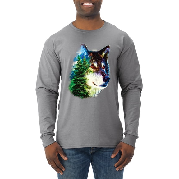 Earth Wolf Trees Mountains Nature Animal Lover Mens Long Sleeve Shirt, Heather Grey, X-Large