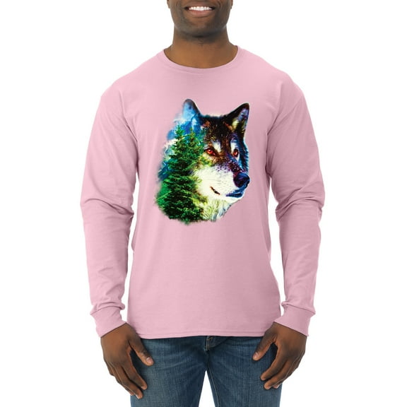 Earth Wolf Trees Mountains Nature Animal Lover Mens Long Sleeve Shirt, Light Pink, Small