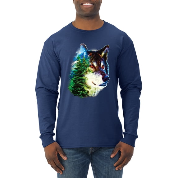 Earth Wolf Trees Mountains Nature Animal Lover Mens Long Sleeve Shirt, Navy, X-Large