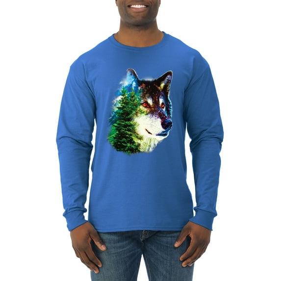 Earth Wolf Trees Mountains Nature Animal Lover Mens Long Sleeve Shirt, Royal, 2XL