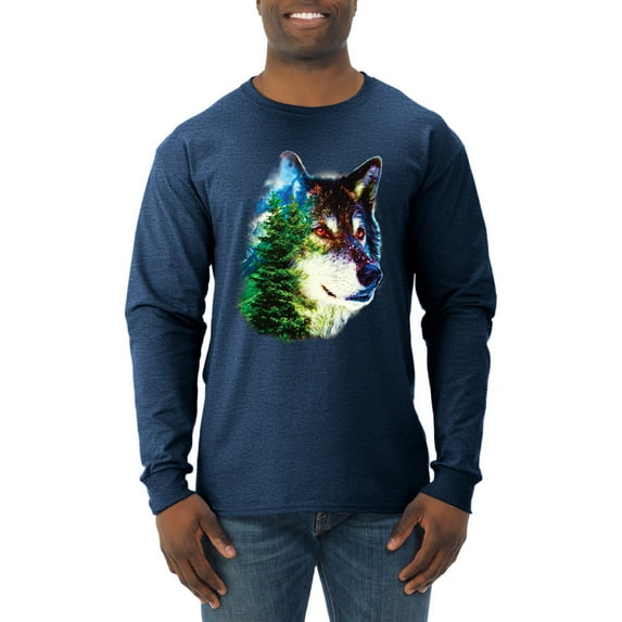 Earth Wolf Trees Mountains Nature Animal Lover Mens Long Sleeve Shirt, Vintage Heather Navy, Medium