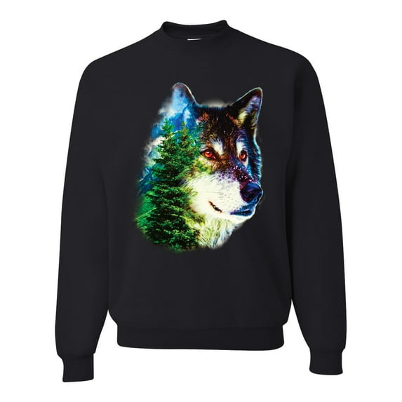 Earth Wolf Trees Mountains Nature Animal Lover Unisex Crewneck Graphic Sweatshirt, Black, 5XL