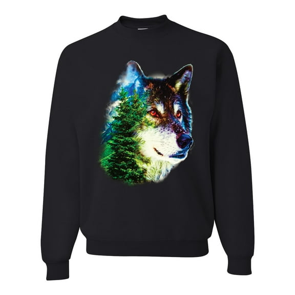 Earth Wolf Trees Mountains Nature Animal Lover Unisex Crewneck Graphic Sweatshirt, Black, Medium