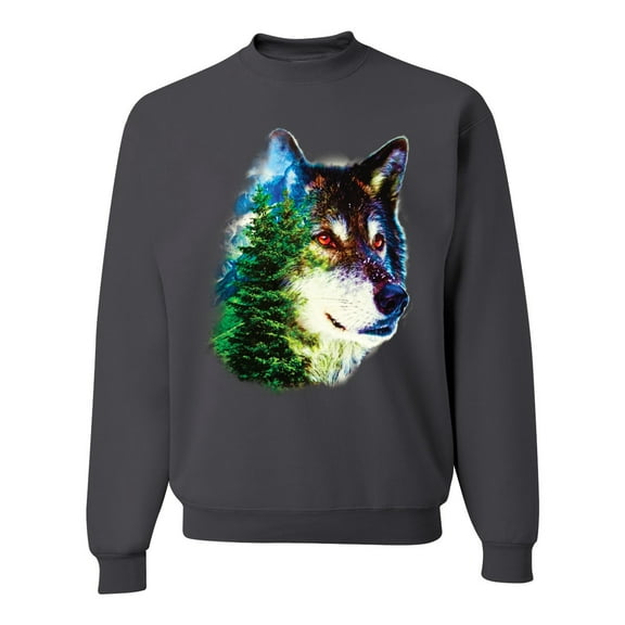 Earth Wolf Trees Mountains Nature Animal Lover Unisex Crewneck Graphic Sweatshirt, Charcoal, Medium