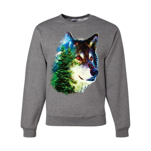 Earth Wolf Trees Mountains Nature Animal Lover Unisex Crewneck Graphic Sweatshirt, Heather Grey, 3XL
