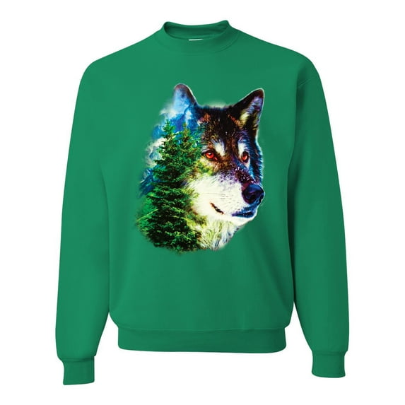 Earth Wolf Trees Mountains Nature Animal Lover Unisex Crewneck Graphic Sweatshirt, Kelly, 4XL