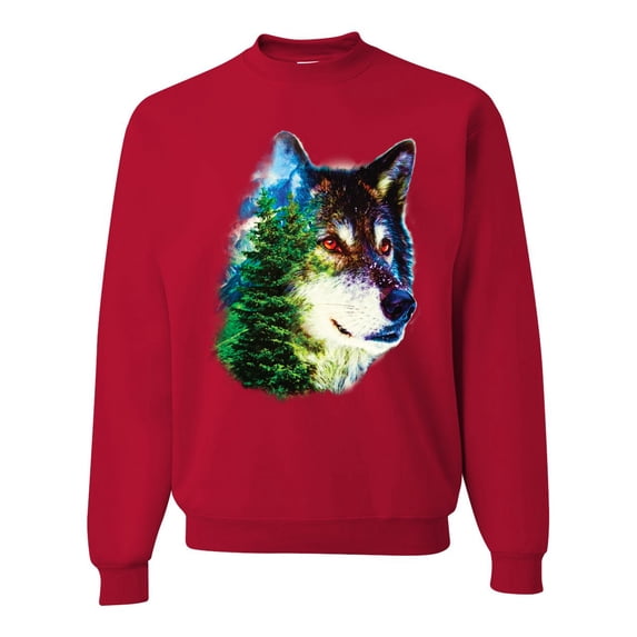 Earth Wolf Trees Mountains Nature Animal Lover Unisex Crewneck Graphic Sweatshirt, Red, X-Large