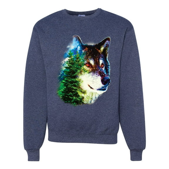 Earth Wolf Trees Mountains Nature Animal Lover Unisex Crewneck Graphic Sweatshirt, Vintage Heather Navy, Large