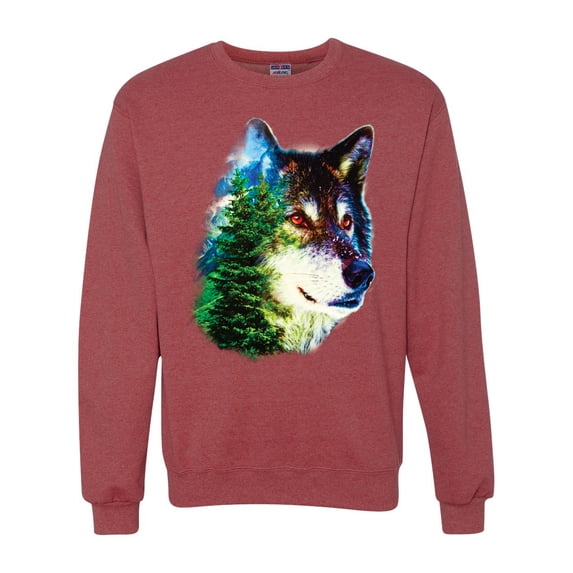 Earth Wolf Trees Mountains Nature Animal Lover Unisex Crewneck Graphic Sweatshirt, Vintage Heather Red, Small