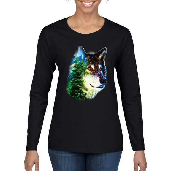 Earth Wolf Trees Mountains Nature Animal Lover Womens Graphic Long Sleeve T-Shirt, Black, Small