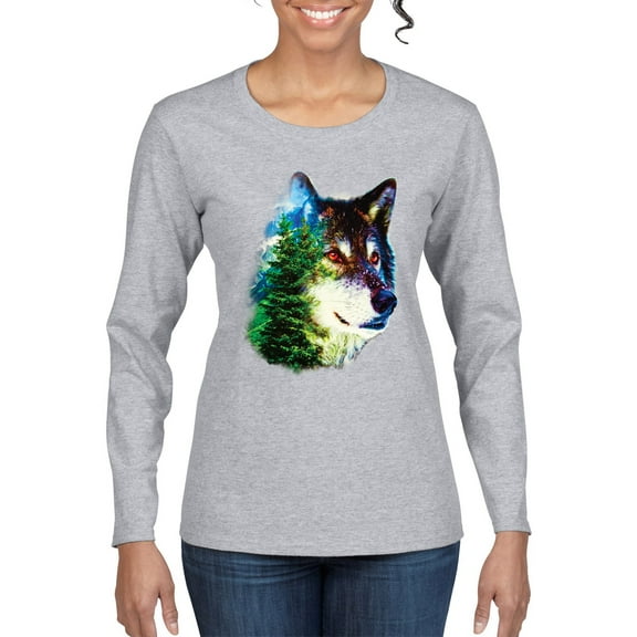 Earth Wolf Trees Mountains Nature Animal Lover Womens Graphic Long Sleeve T-Shirt, Heather Grey, 2XL