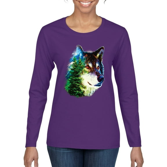 Earth Wolf Trees Mountains Nature Animal Lover Womens Graphic Long Sleeve T-Shirt, Purple, 2XL