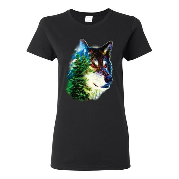 Earth Wolf Trees Mountains Nature Animal Lover Womens Graphic T-Shirt, Black, 3XL