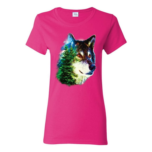 Earth Wolf Trees Mountains Nature Animal Lover Womens Graphic T-Shirt, Fuschia, Large