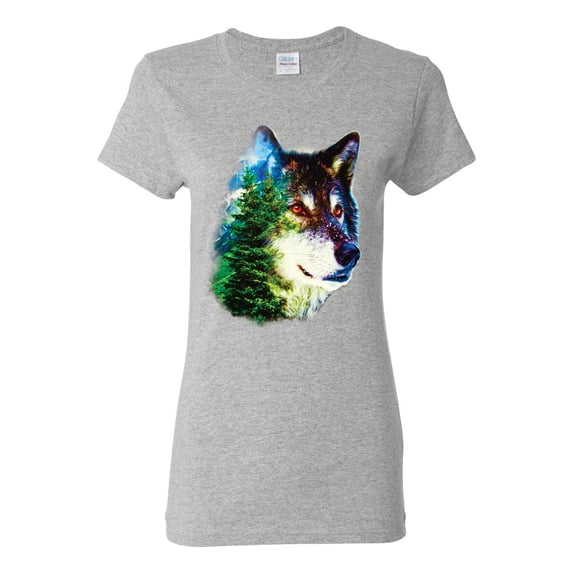 Earth Wolf Trees Mountains Nature Animal Lover Womens Graphic T-Shirt, Heather Grey, Medium