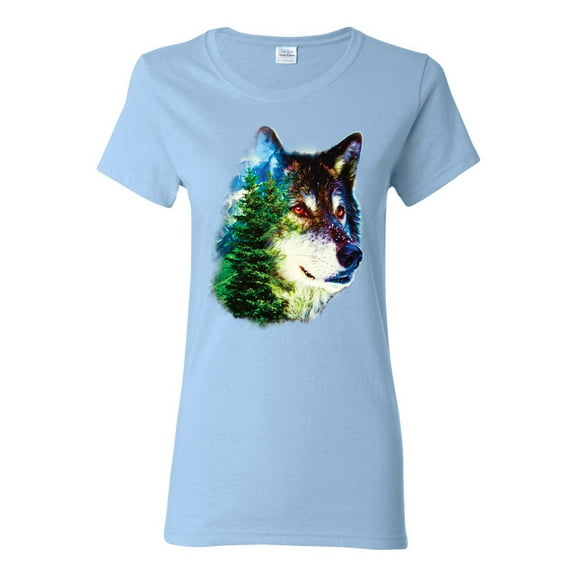Earth Wolf Trees Mountains Nature Animal Lover Womens Graphic T-Shirt, Light Blue, 2XL
