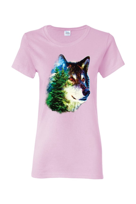 Earth Wolf Trees Mountains Nature Animal Lover Womens Graphic T-Shirt, Light Pink, 3XL