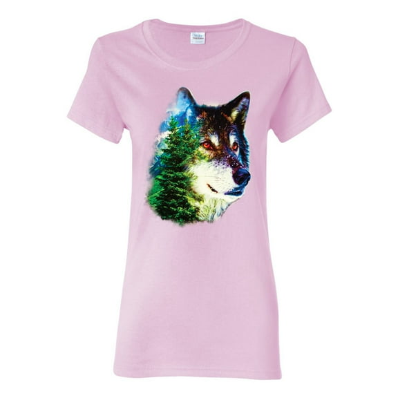 Earth Wolf Trees Mountains Nature Animal Lover Womens Graphic T-Shirt, Light Pink, Large