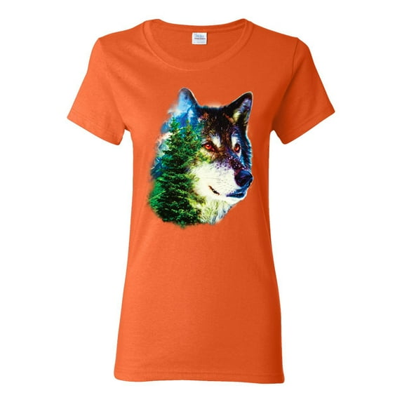 Earth Wolf Trees Mountains Nature Animal Lover Womens Graphic T-Shirt, Orange, 2XL