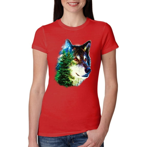 Earth Wolf Trees Mountains Nature Animal Lover Womens Slim Fit Junior Tee, Red, Small