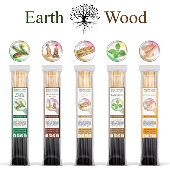 Earth And Wood Incense Sticks Variety Set 500 Pack Sampler 11" Sticks - 5 Bundles of 100 Sticks Per Bundle. Frankincense And Myrrh, Balsam And Cedar, Palo Santo, Patchouli, Sandalwood.