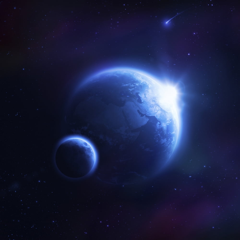 Earth and moon in outer space with rising sun and flying meteorites Canvas Art - Evgeny KuklevStocktrek Images (29 x 29)