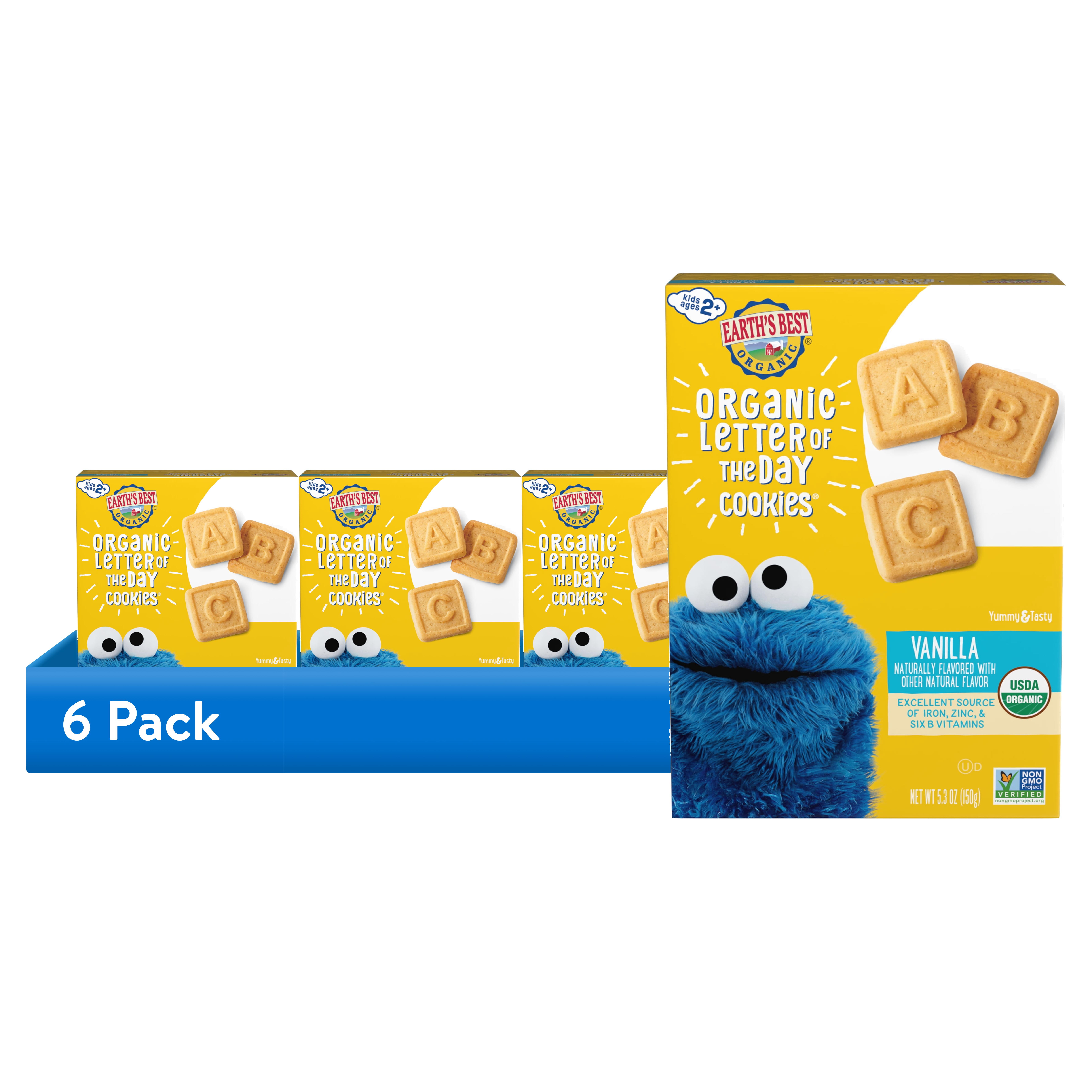 (6 pack) Earth's Best Organic Letter of the Day Toddler Snack Vanilla Cookies, 5.3 oz