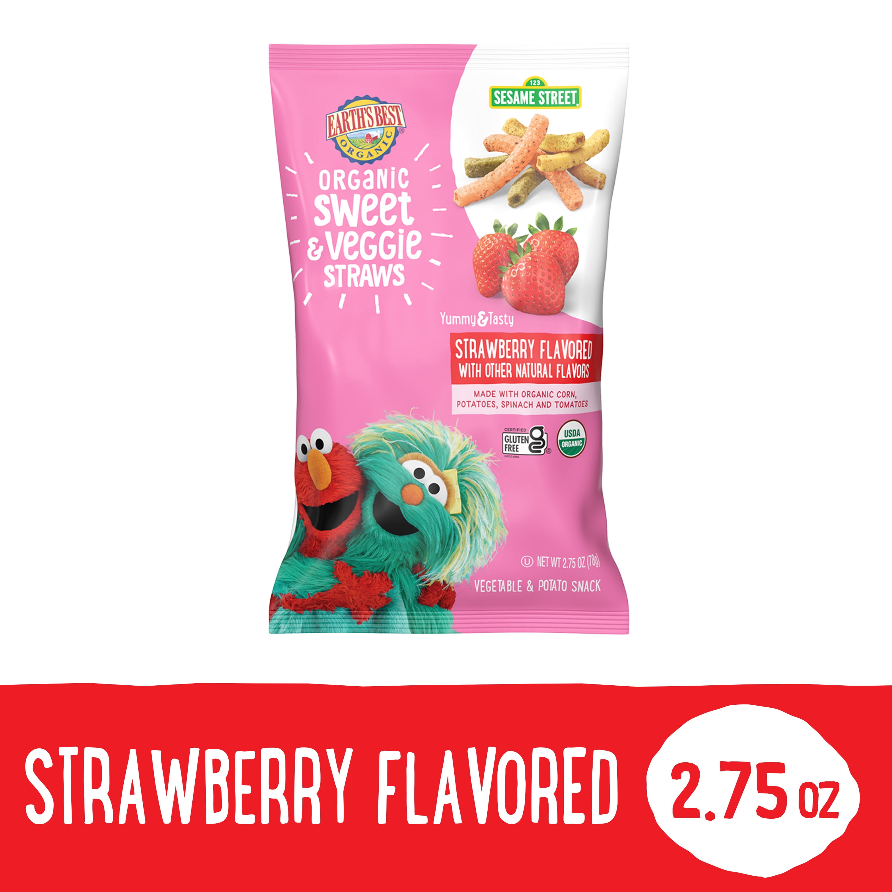 Earth's Best Organic Baby Toddler Snack Strawberry Sweet & Veggie Straws, 2.75 oz Bag