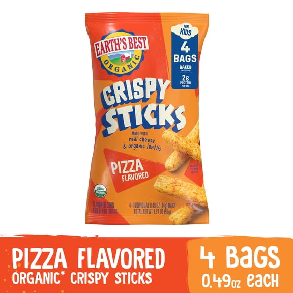 Earth's Best Organic Crispy Sticks Lentil Snack, For Ages 4+, Non-GMO, Pizza Flavored, 0.49 Ounce Bags, 4 Pack