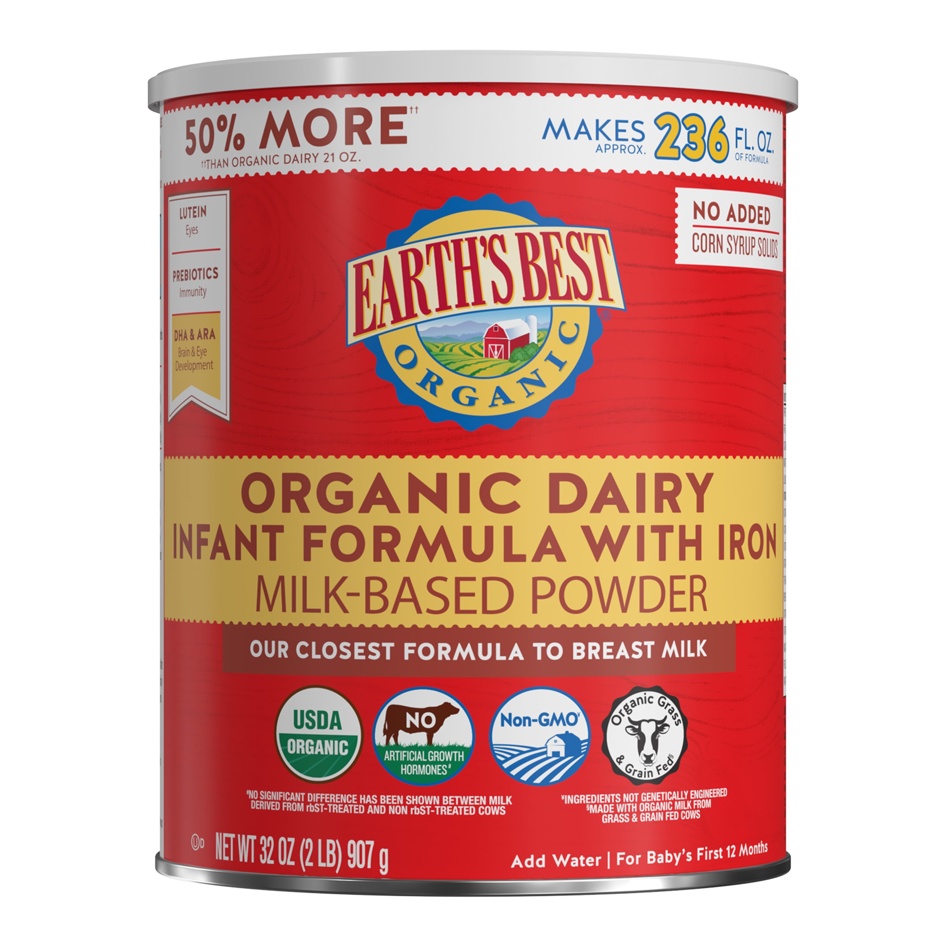 Earth's Best Organic Dairy Powder Baby Formula with Iron DHA & ARA, 32 oz Canister