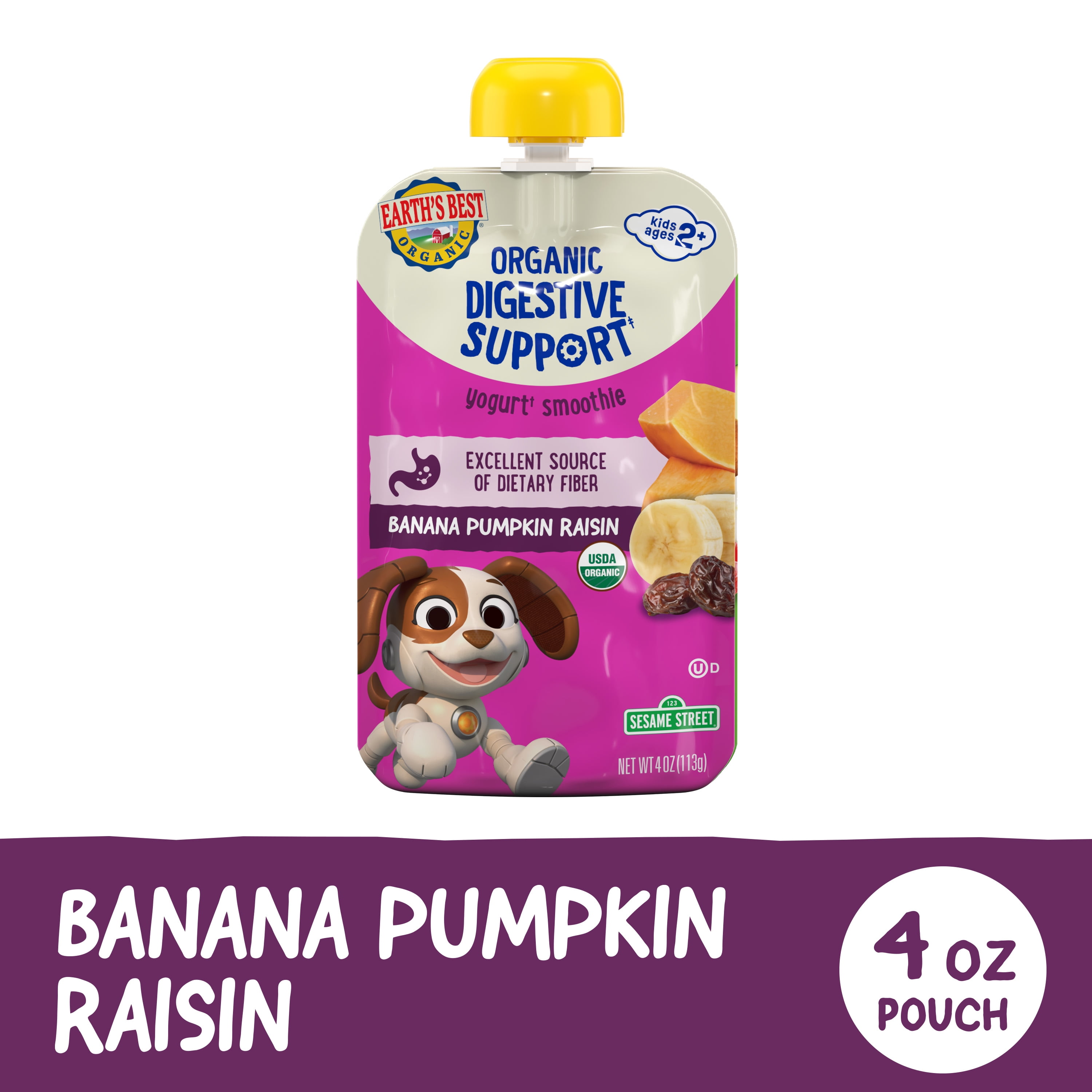 Earth's Best Organic Digestive Support Toddler Food, Banana Pumpkin Raisin Smoothie, 4 oz Pouch