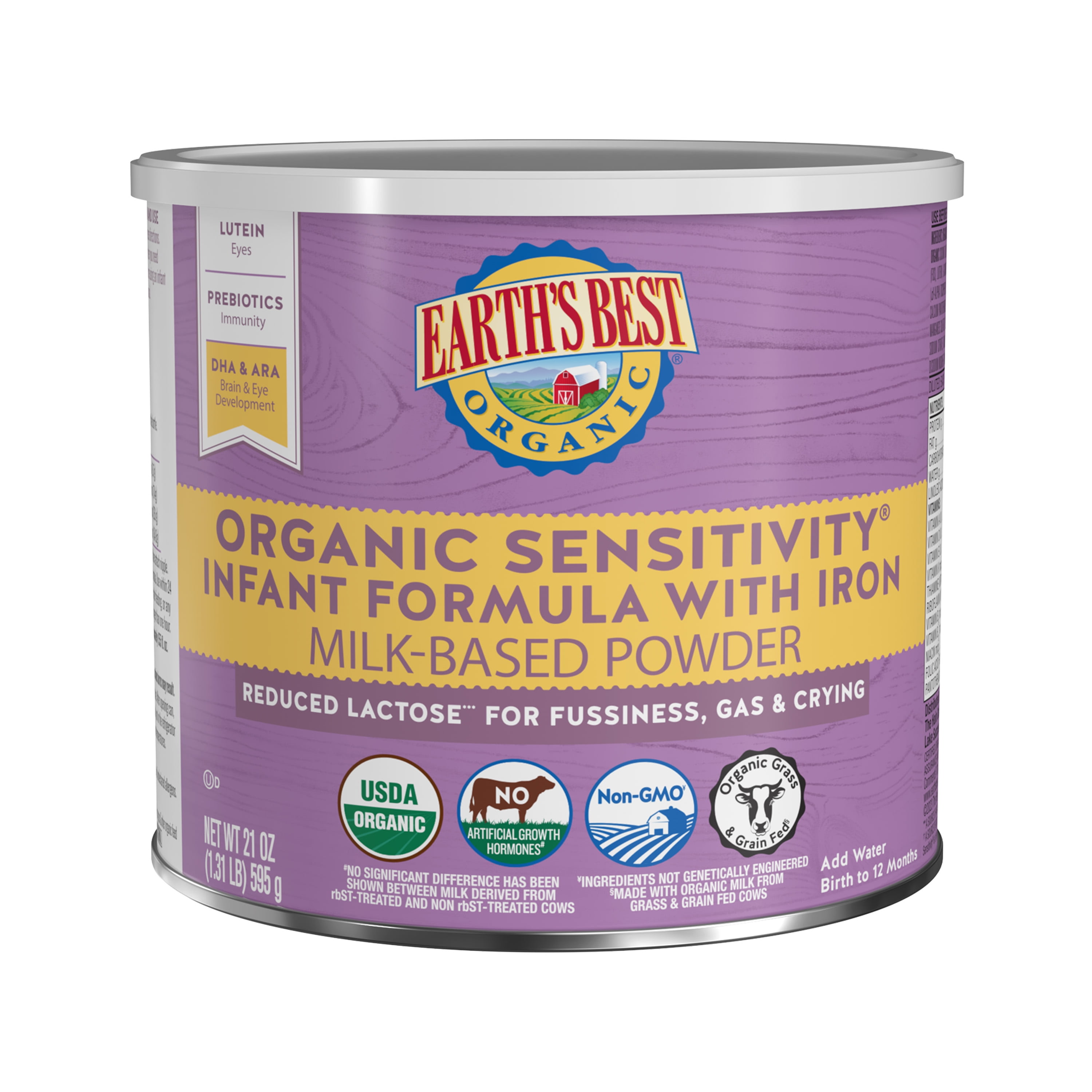 Earth's Best Organic Sensitivity Powder Baby Formula with Iron DHA & ARA, 21 oz Canister