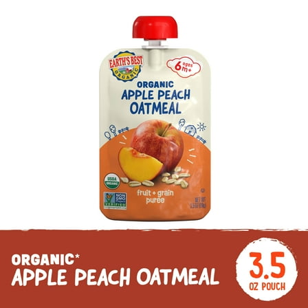 Earth's Best Organic Stage 2 Baby Food, Apple Peach Oatmeal Fruit & Grain Puree, 3.5 oz Pouch
