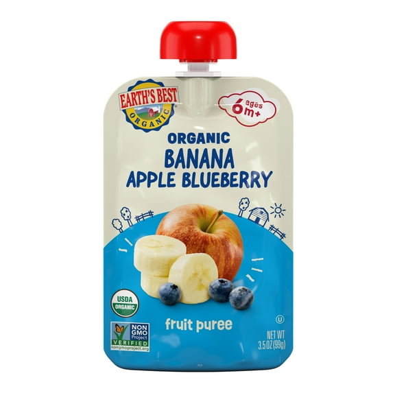 Earth's Best Organic Stage 2 Baby Food, Banana Apple Blueberry Fruit Puree, 3.5 oz Pouch